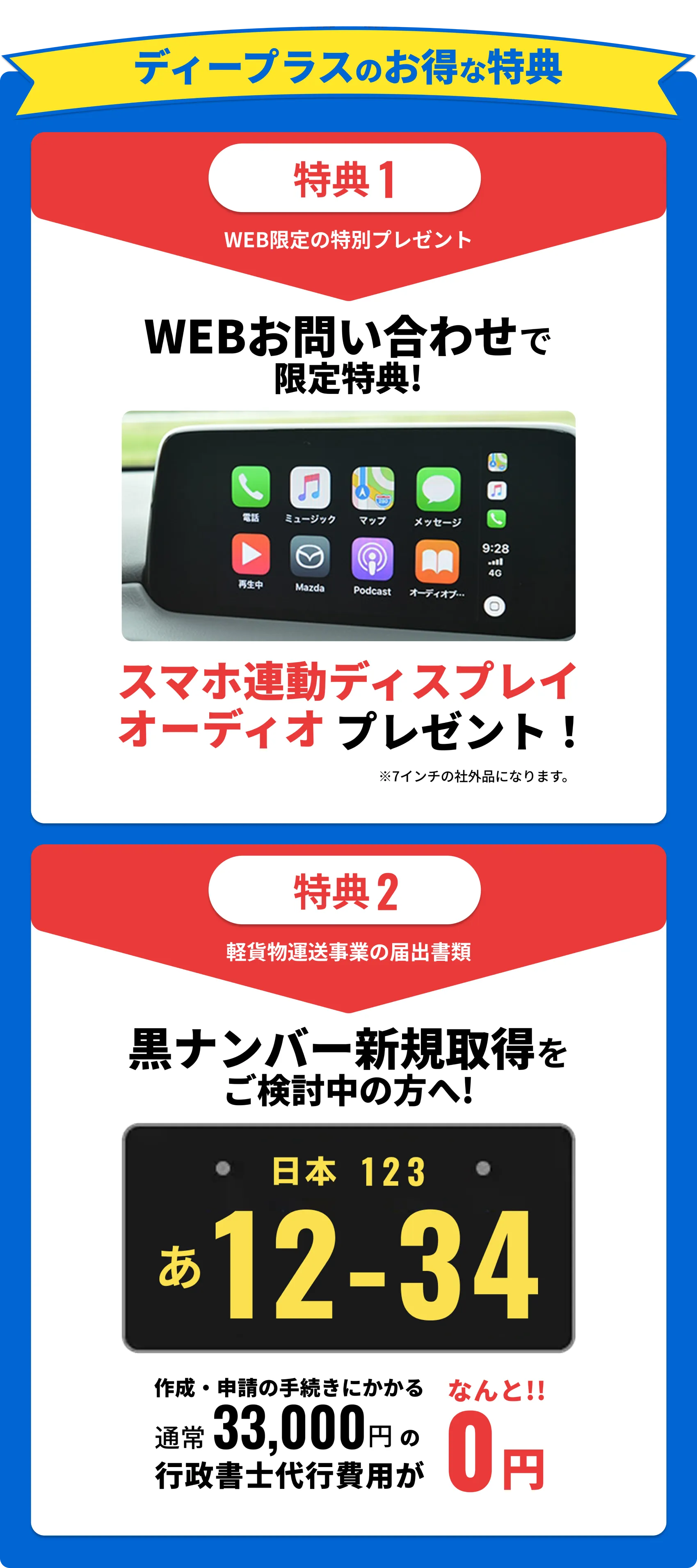 スマホ連動ディスプレイオーディオプレゼント！行政書士代行費用が0円！