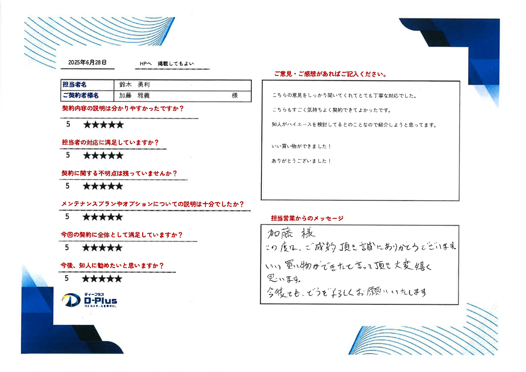 こちらの意見をしっかり聞いてくれてとても丁寧な対応でした。
こちらもすごく気持ちよく契約できてよかったです。
知人がハイエースを検討しているとのことなので紹介しようと思います。
いい買い物ができました！
ありがとうございました！